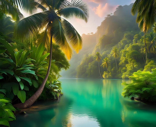 Photo panoramic river scenery with exotic flora