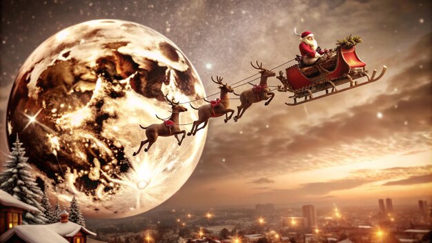 Photo panoramic of santa claus flying in his sleigh over the moon