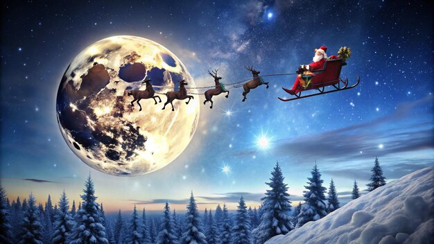 Photo panoramic of santa claus flying in his sleigh over the moon