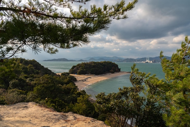 Panoramic seashore view from Okunoshima Rabbit Island in the Seto Inland Sea Hiroshima Japan