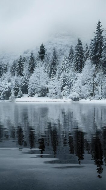 Photo panoramic shot of beautiful snow covered trees with a calm lake under a foggy sky