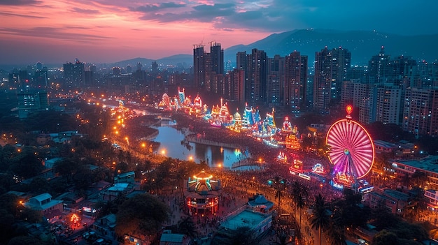 panoramic shot of a city hosting multiple Navratri events