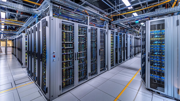 Panoramic shot of an extensive data center with multiple rows of server racks and advanced network