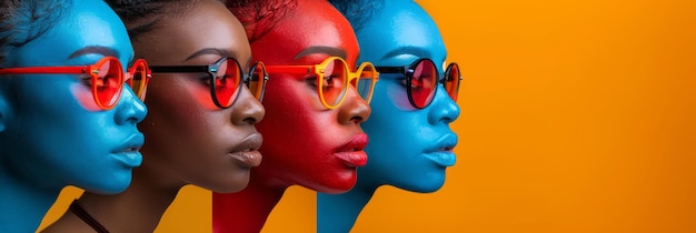 panoramic shot of multicultural women in eyeglasses isolated on orange