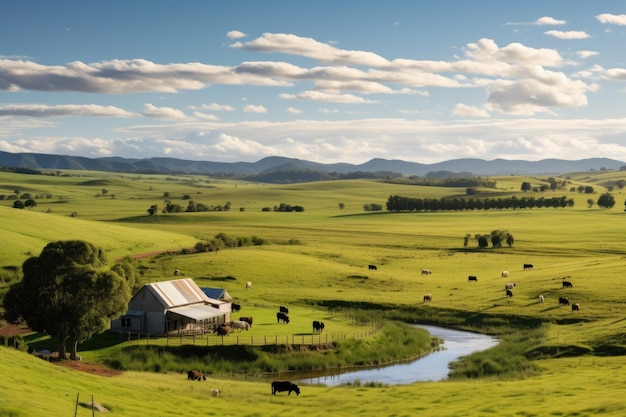 Panoramic shot of a peaceful countryside landscape with rolling hills meandering rivers