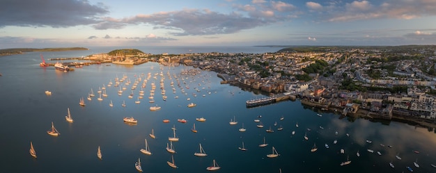 Panoramic shot of a port of Falmouth under the sunlight and a blue cloudy sky in Cornwall, Englas