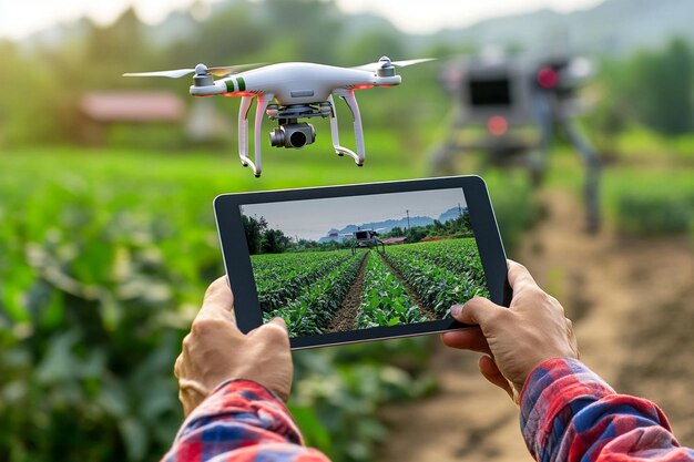 A panoramic shot of a smart farm featuring a farmer observing the fields Ai photo