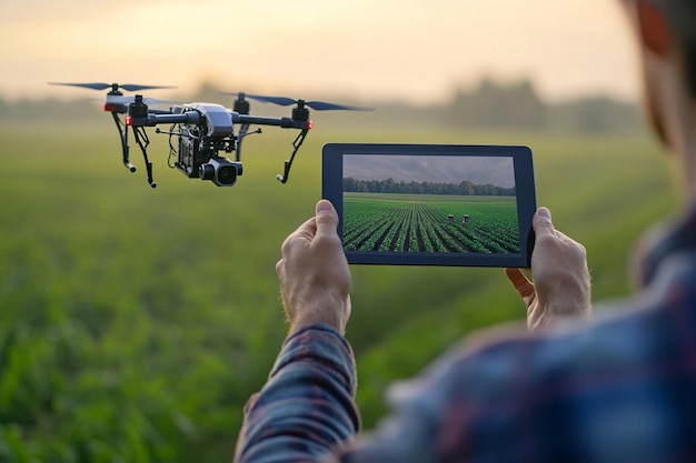 A panoramic shot of a smart farm featuring a farmer observing the fields Ai photo