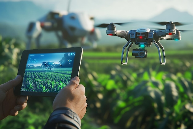 A panoramic shot of a smart farm featuring a farmer observing the fields Ai photo