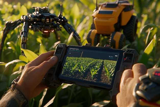 Photo a panoramic shot of a smart farm featuring a farmer observing the fields ai photo