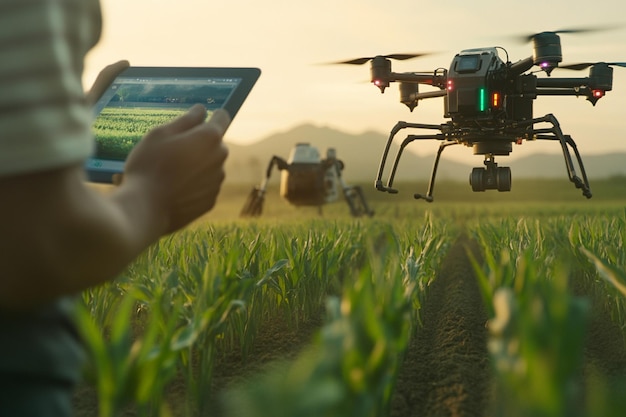 A panoramic shot of a smart farm featuring a farmer observing the fields Ai photo