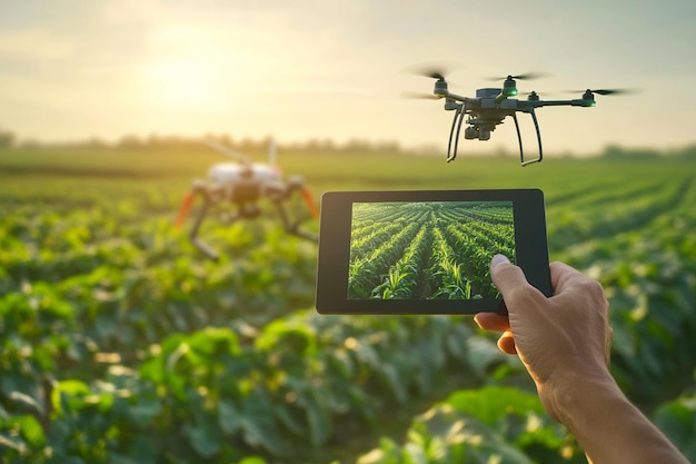 A panoramic shot of a smart farm featuring a farmer observing the fields Ai photo