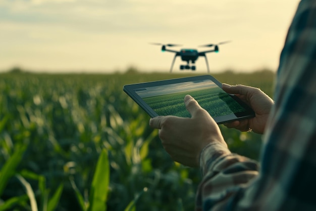 A panoramic shot of a smart farm featuring a farmer observing the fields Ai photo