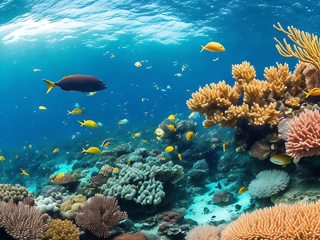 A panoramic shot of a vibrant coral reef teeming with marine life