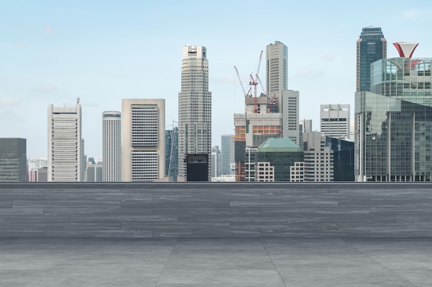 Panoramic Singapore skyline view concrete observatory deck on rooftop daytime Asian corporate and residential lifestyle Financial city downtown real estate Product display mockup empty roof