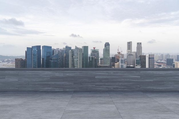 Panoramic Singapore skyline view concrete observatory deck on rooftop daytime Asian corporate and residential lifestyle Financial city downtown real estate Product display mockup empty roof