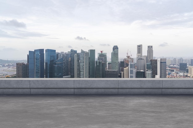 Panoramic Singapore skyline view concrete observatory deck on rooftop daytime Asian corporate and residential lifestyle Financial city downtown real estate Product display mockup empty roof