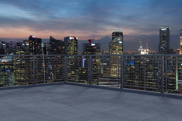 Panoramic Singapore skyline view concrete observatory deck on rooftop night time Asian corporate and residential lifestyle Financial city downtown real estate Product display mockup empty roof