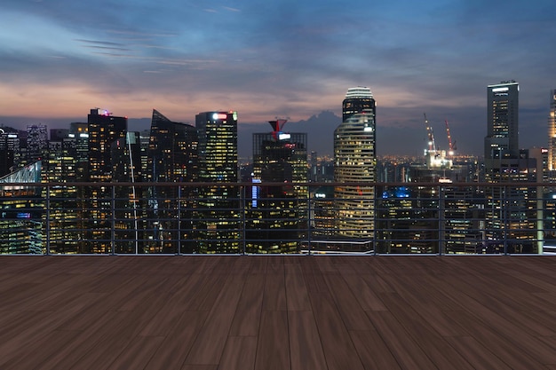 Panoramic Singapore skyline view wooden observatory deck on rooftop night time Asian corporate and residential lifestyle Financial city downtown real estate Product display mockup empty roof