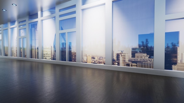 Panoramic skyline and buildings from glass window