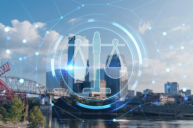 Panoramic skyline view of Broadway district of Nashville over Cumberland River at day time Tennessee USA Glowing hologram of legal icons The concept of law order regulations and digital justice