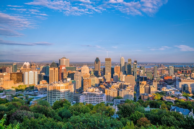 Panoramic skyline view of downtown Montreal from top view at sunset in Canada