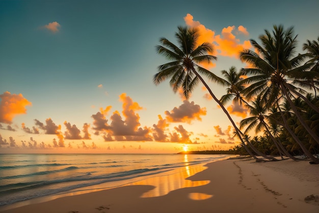 Panoramic sunset tropical beach with palm trees Generative AI