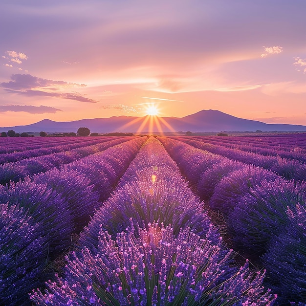 Panoramic Sunset View of French Lavender Field