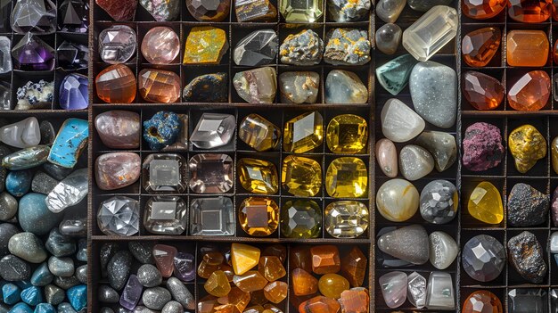 Photo panoramic top view of the gemstone storage box gemstone collection