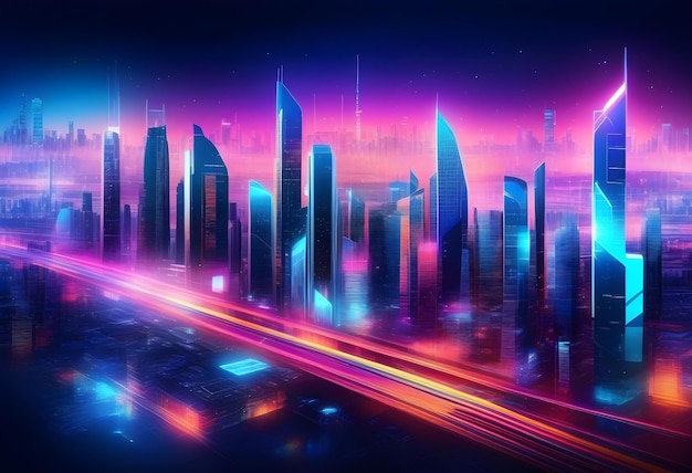 Panoramic urban architecture cityscape with space and neon light effects