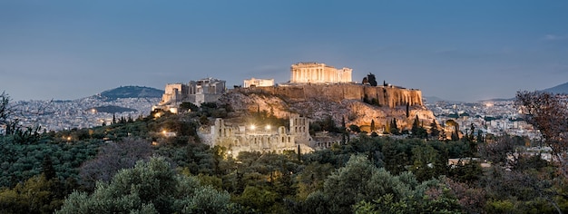 Panoramic view of Acropolis hill at night Athens Greece