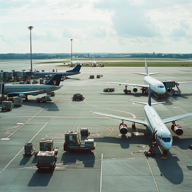 Photo a panoramic view of an airports tarmac with various aircraft being serviced and refueled