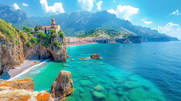 panoramic view of the Amalfi Coast in Italy with colorful cliffside villages