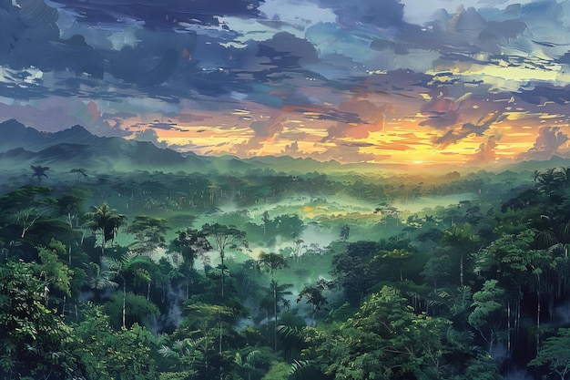 A panoramic view of the amazon rainforest at dawn with mist rising from the trees and a vibrant sky