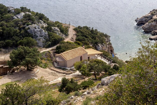 The panoramic view of the ancient church St John closeup prefecture of Corinthia Greece