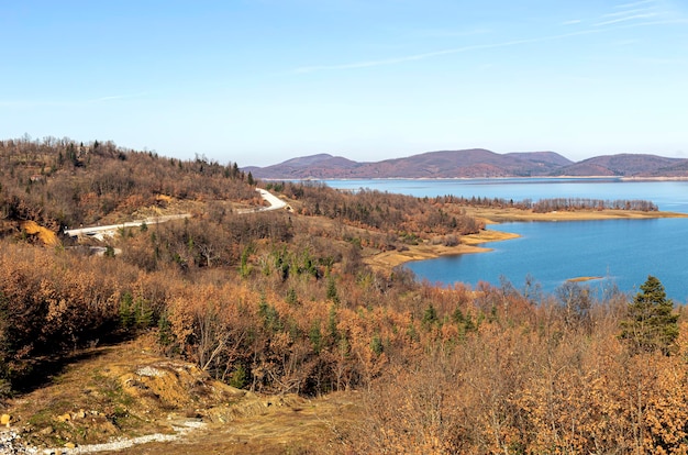 Panoramic view of artificial Lake Plastiras Prefecture of Karditsa Thessaly Greece