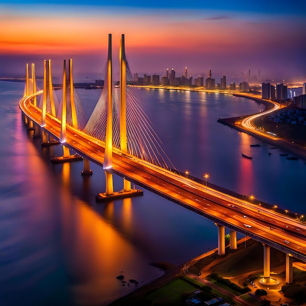 Panoramic View of Bandra Worli Sea Link at Sunset Time