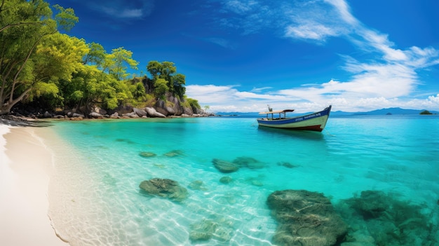 a panoramic view of a beachscape with turquoise waters white sandy beaches