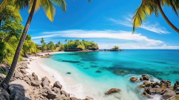 a panoramic view of a beachscape with turquoise waters white sandy beaches