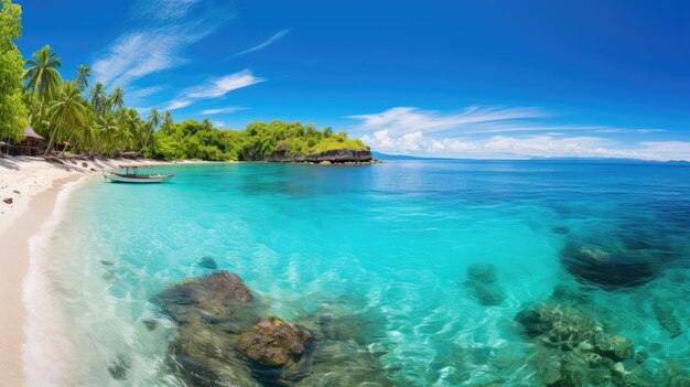 a panoramic view of a beachscape with turquoise waters white sandy beaches