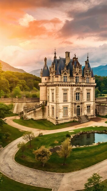 panoramic view of beauiful medieval castle Chateau de Montrottier Rhone Alpes Savoie near Annecy