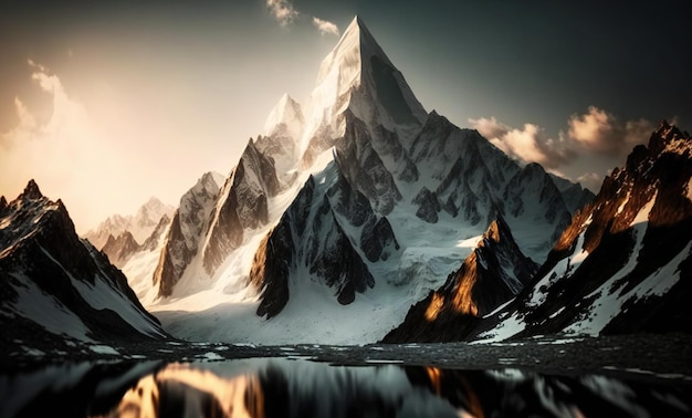 Panoramic view of beautiful snowy masherbrum peak scenery background