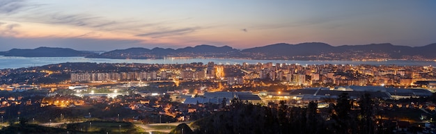 Panoramic view of a beautiful sunset over the city of Vigo in Galicia, Spain.