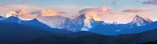 Panoramic view of the Belukha peak in the Altai mountains in the sunset light