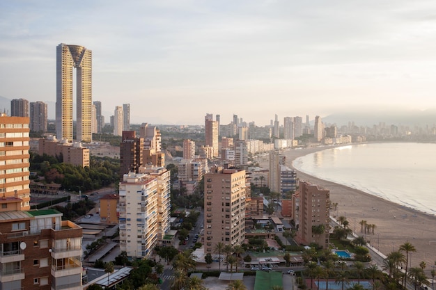 A panoramic view of Benidorm beach at dawn