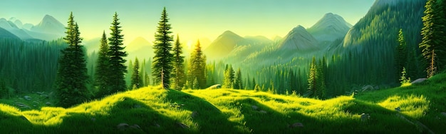 Panoramic view of big mountains beautiful green meadows with coniferous trees