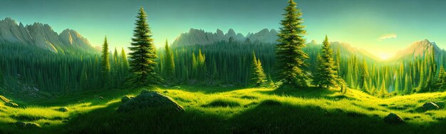 Panoramic view of big mountains beautiful green meadows with coniferous trees