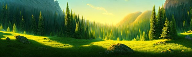 Panoramic view of big mountains beautiful green meadows with coniferous trees