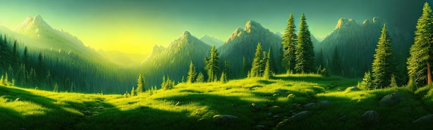 Panoramic view of big mountains beautiful green meadows with coniferous trees