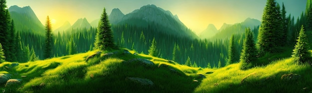 Panoramic view of big mountains beautiful green meadows with coniferous trees